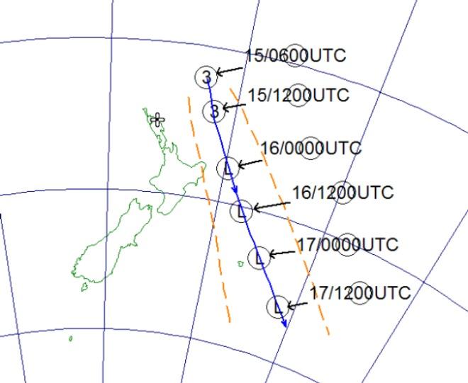 Track of TC Pam. The orange lines mark the uncertainty of the track. Times are given in UTC, add 13 hours for New Zealand local time - Tropical Cyclone Pam © MetService